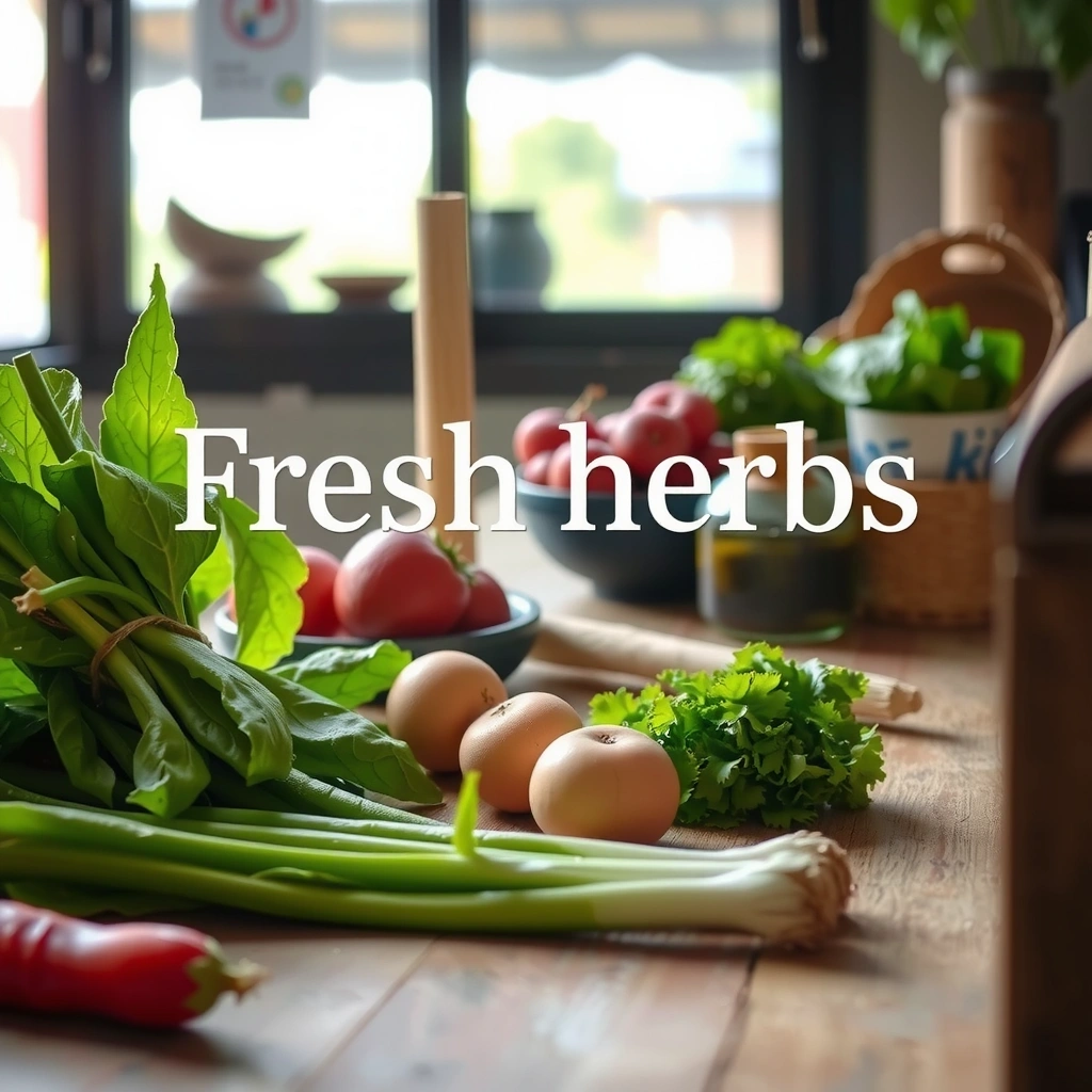 Fresh herbs and vegetables in natural light