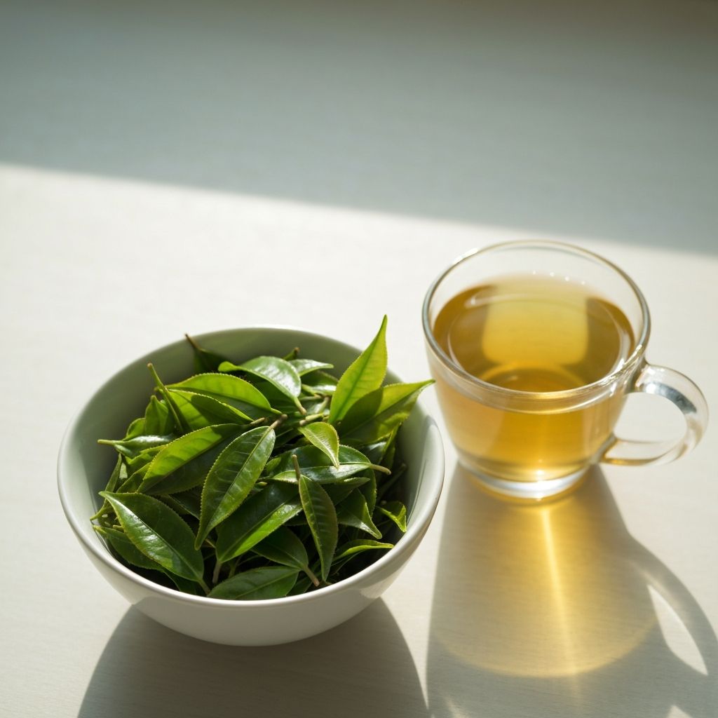 Zöld tea levelek és csésze